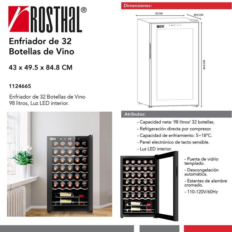 Enfriador de Vinos con Capacidad para 32 Botellas - Rosthal