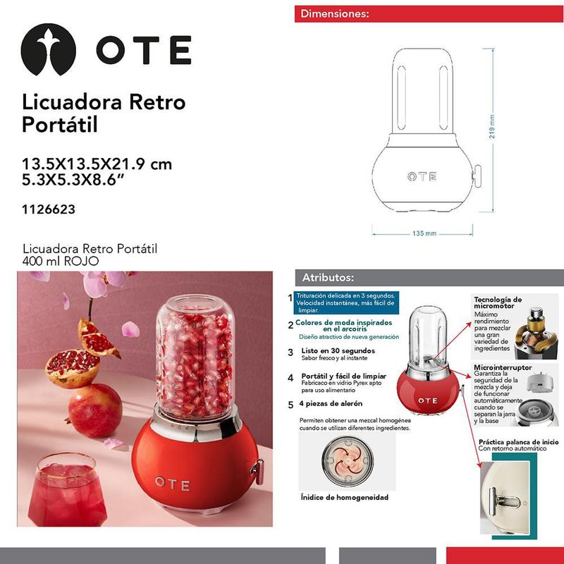 Licuadora Retro Portátil Rojo 400 Ml - Ote