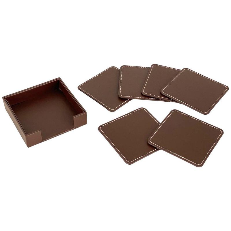 Set de 6 Portavasos Cuadrados de Piel Sintética con Base Café