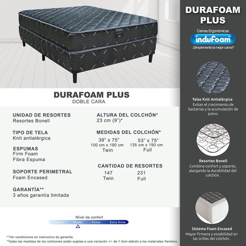 Set de Cama Colchón + Base Durafoam Plus - Varios Tamaños