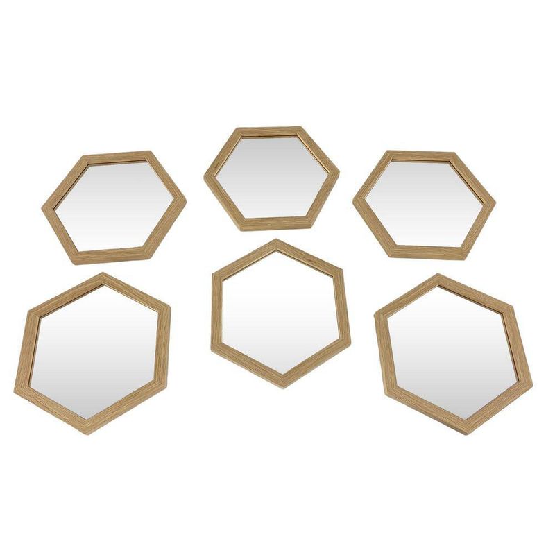 Set de 6 Espejos Decorativos Hexagonales de Madera Natural