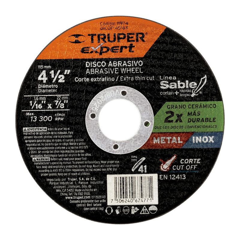 Disco De Corte Fino Tipo 41 4 1/2 Plg x 1.6 Mm - Truper Expert
