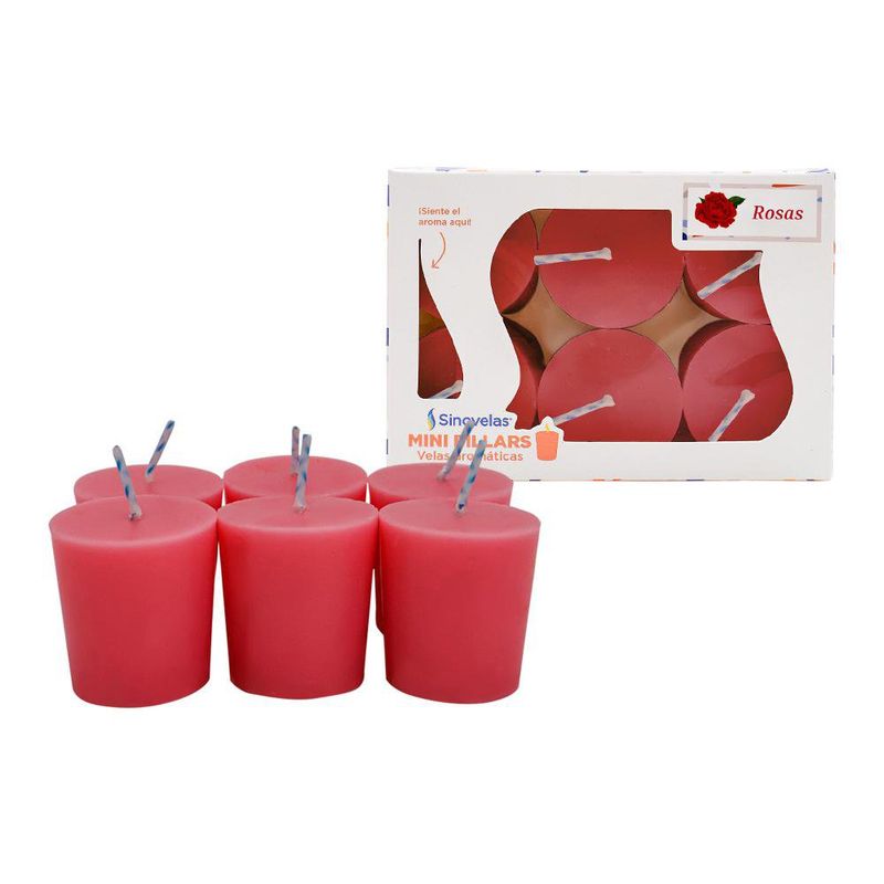 Set de 6 Veladoras Mini Pilar Aroma Rosas Rojas