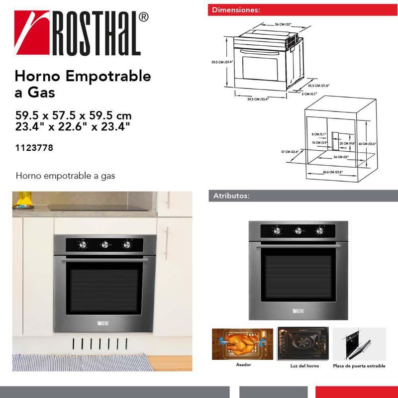 Horno Empotrable a Gas 60 Plg Acero Inoxidable