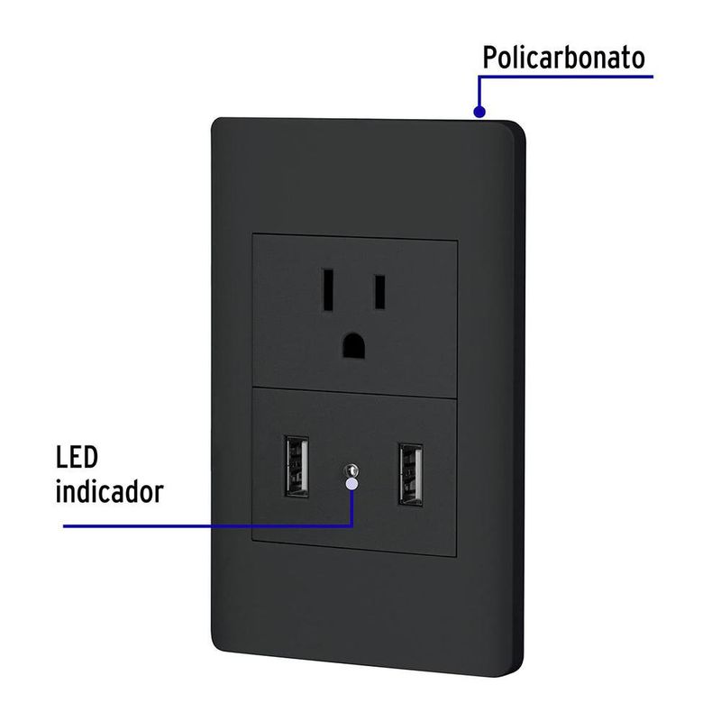 Tomacorriente + 2 Puertos Usb 1.5 Módulos Lisboa Negro - Volteck
