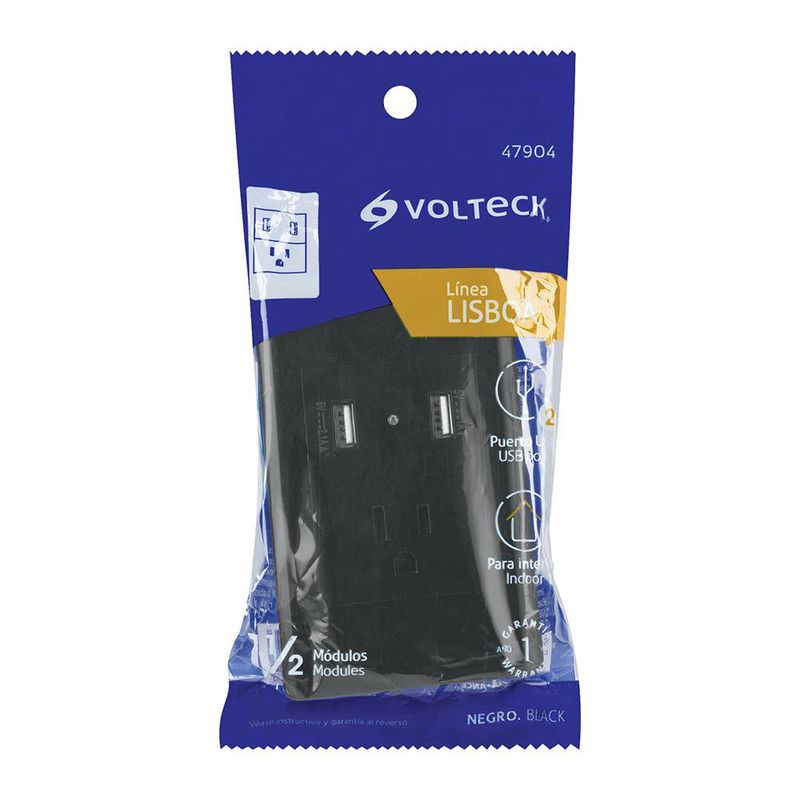 Tomacorriente + 2 Puertos Usb 1.5 Módulos Lisboa Negro - Volteck
