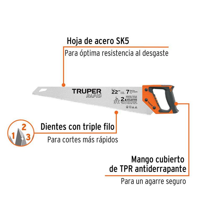 Serrucho Rapid 22 Plg , 7 Dientes por Pulgada, Mango Comfort Grip