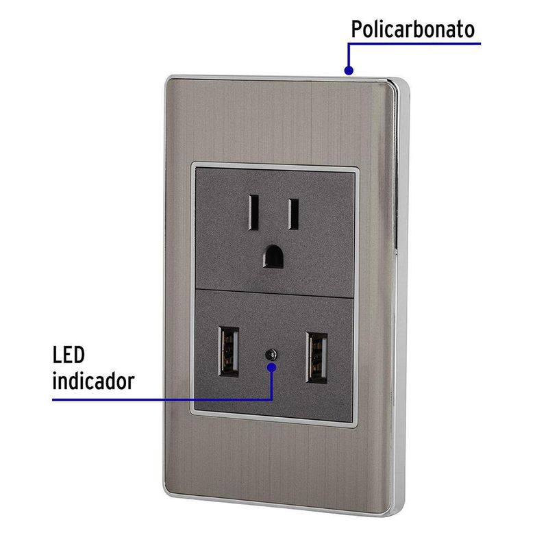 Tomacorriente + 2 Puertos USB Lisboa Acero - Volteck