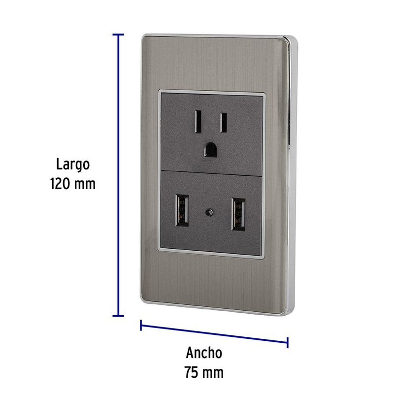 Tomacorriente + 2 Puertos USB Lisboa Acero - Volteck