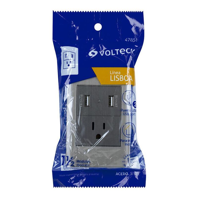 Tomacorriente + 2 Puertos USB Lisboa Acero - Volteck