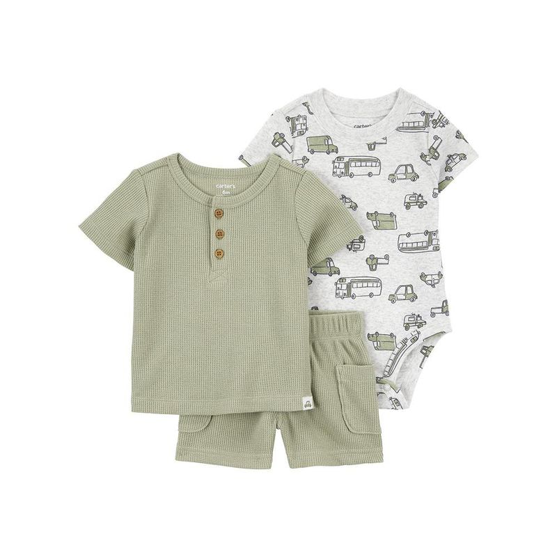 Conjunto 3 Piezas Bebe Diseño Autos Verde Olivo - Varias Tallas