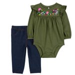 Conjunto de Mameluco Verde con Bordado Floral y Pantalón Tipo Mezclilla para Niña -  Varias Tallas