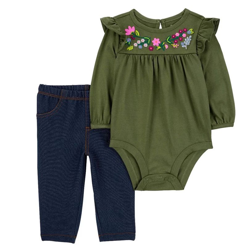 Conjunto de Mameluco Verde con Bordado Floral y Pantalón Tipo Mezclilla para Niña -  Varias Tallas