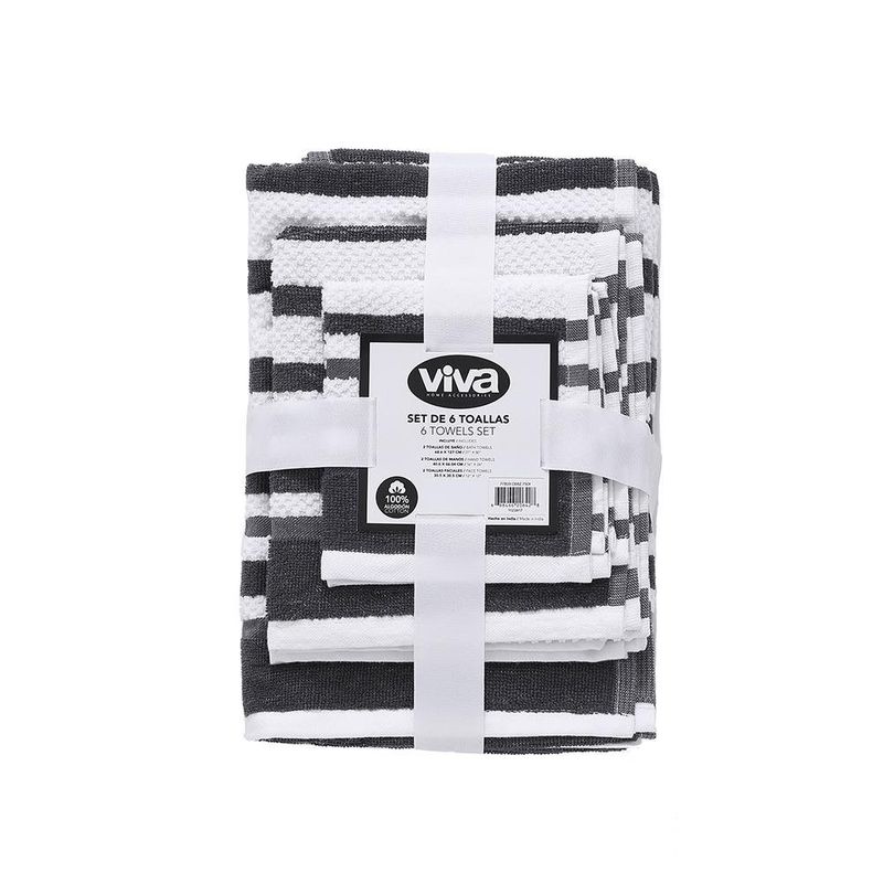 Set de 6 Toallas de Baño Rayas Gris Oscuro