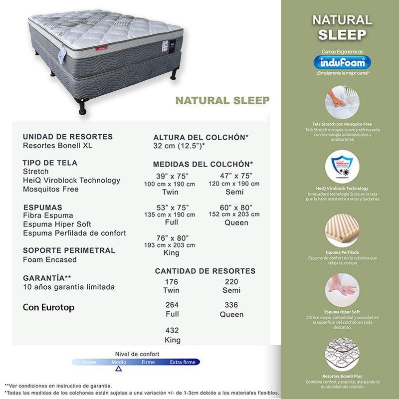 Set de Cama Colchón + Base 2 en 1 Natural Sleep - Indufoam Varios Tamaños