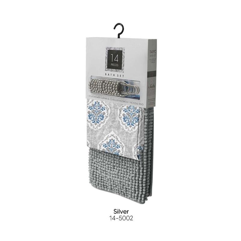 Set de Cortina + Alfombra Chenille Gris 14 Pzas