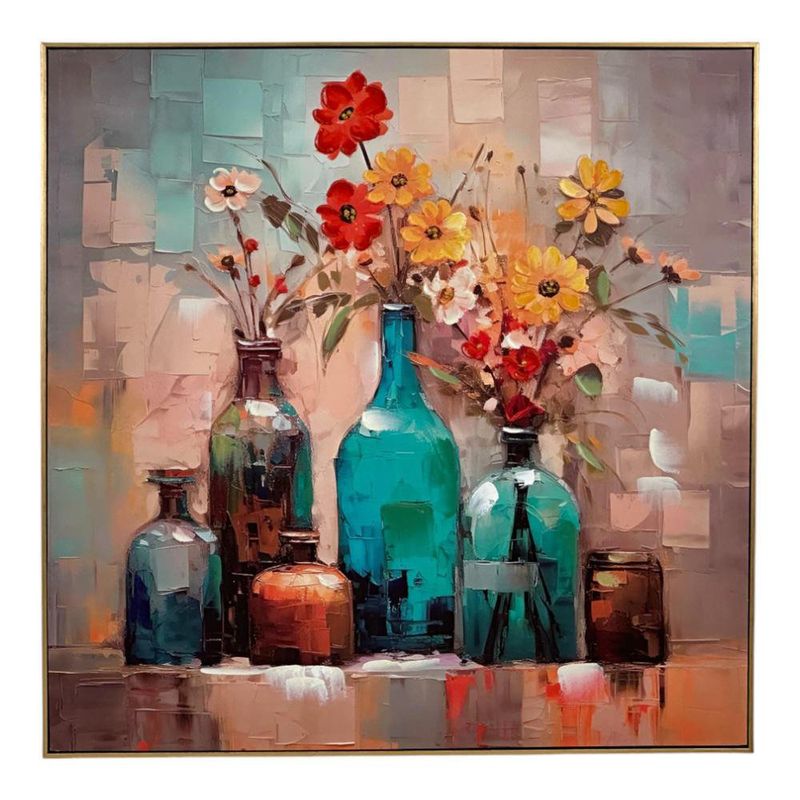 Cuadro Decorativo con Flores y Botellas 102x102Cm
