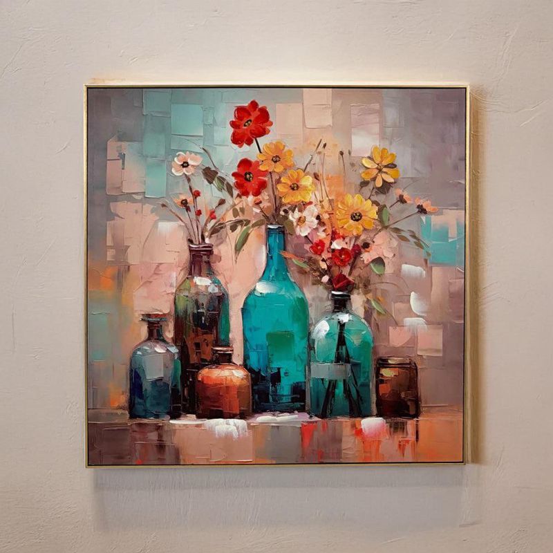 Cuadro Decorativo con Flores y Botellas 102x102Cm