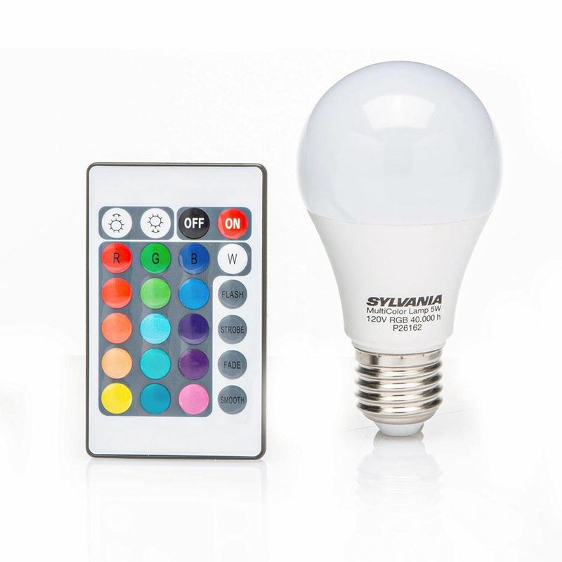 Bombilla RGB que cambia de color con control remoto, bombilla LED RGB de 9  W A19 E27 6500K blanco, 12 opciones de color, bombilla de inundación