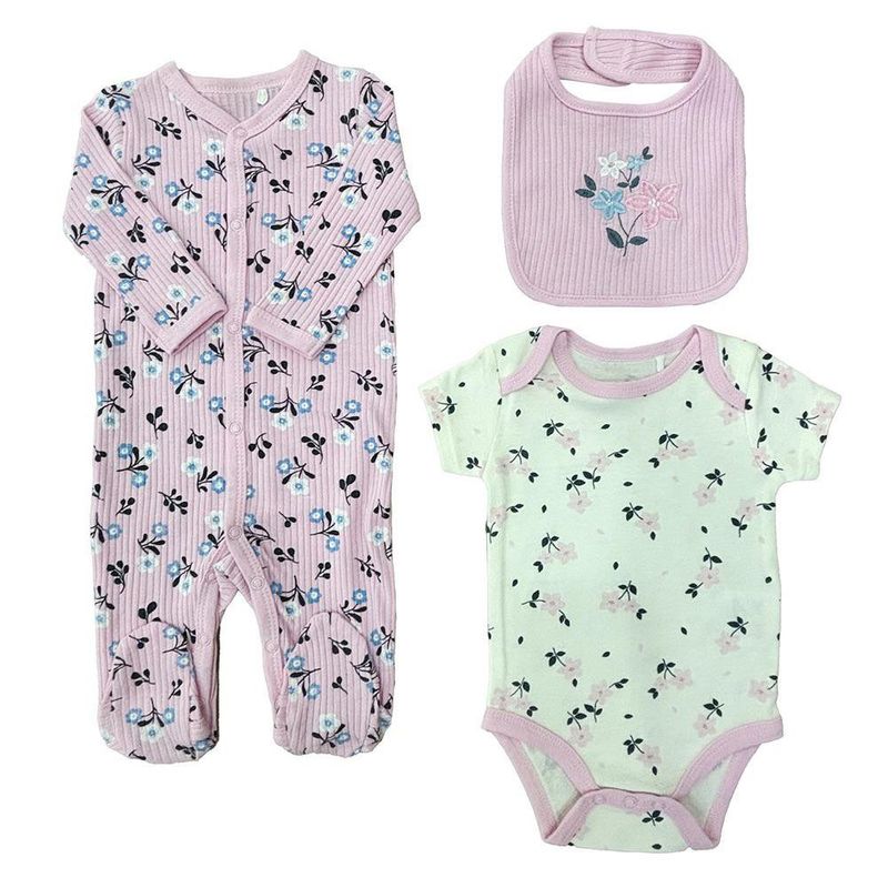 Set Pijama Flores Rosa 3 Pzas 6-9 Meses