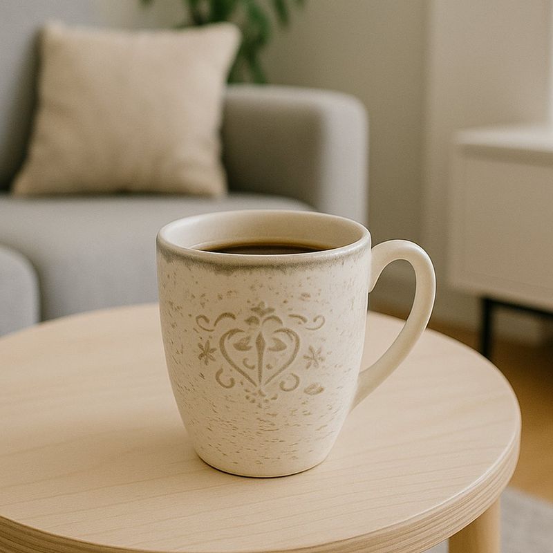Taza de Cerámica Vintage con Relieve Floral Beige