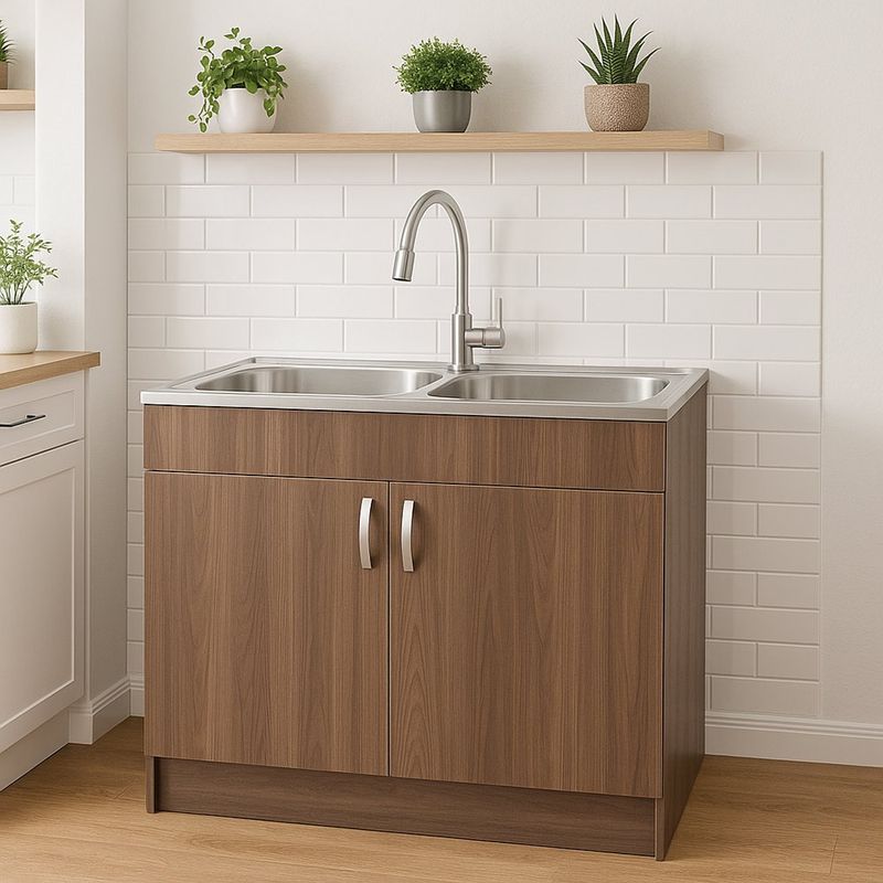 Mueble de Cocina con Lavatrastos Doble Fosa Nogal Paramo