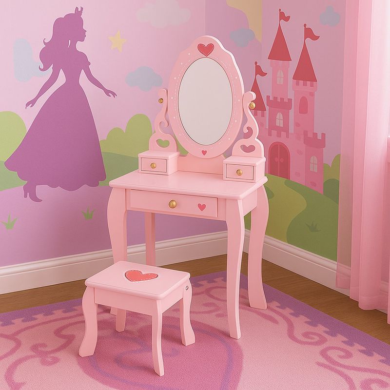 Tocador-Infantil-Rosa-con-Espejo-y-Banco-de-Madera
