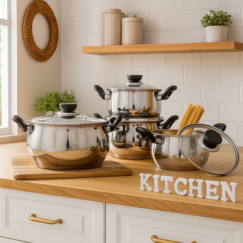 Batería de Cocina Acero Inoxidable con Tapas de Vidrio 8 Piezas