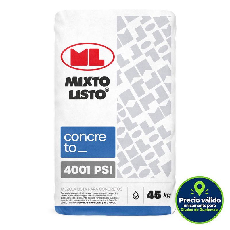 Bolsa de concreto premezclado Mixto Listo de 45 kg con resistencia de 4001 PSI