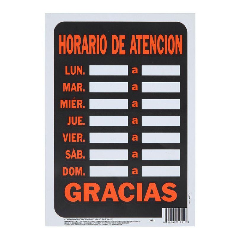 Rotulo Horario De Atención Xl30.5 X 22.9 - Hy Ko