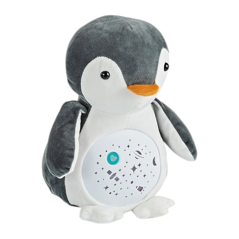 Pingüino de peluche gris y blanco con proyector de estrellas