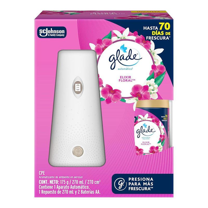 Aromatizante automático blanco Glade Elixir Floral con repuesto de 270 mL y 2 baterías AA