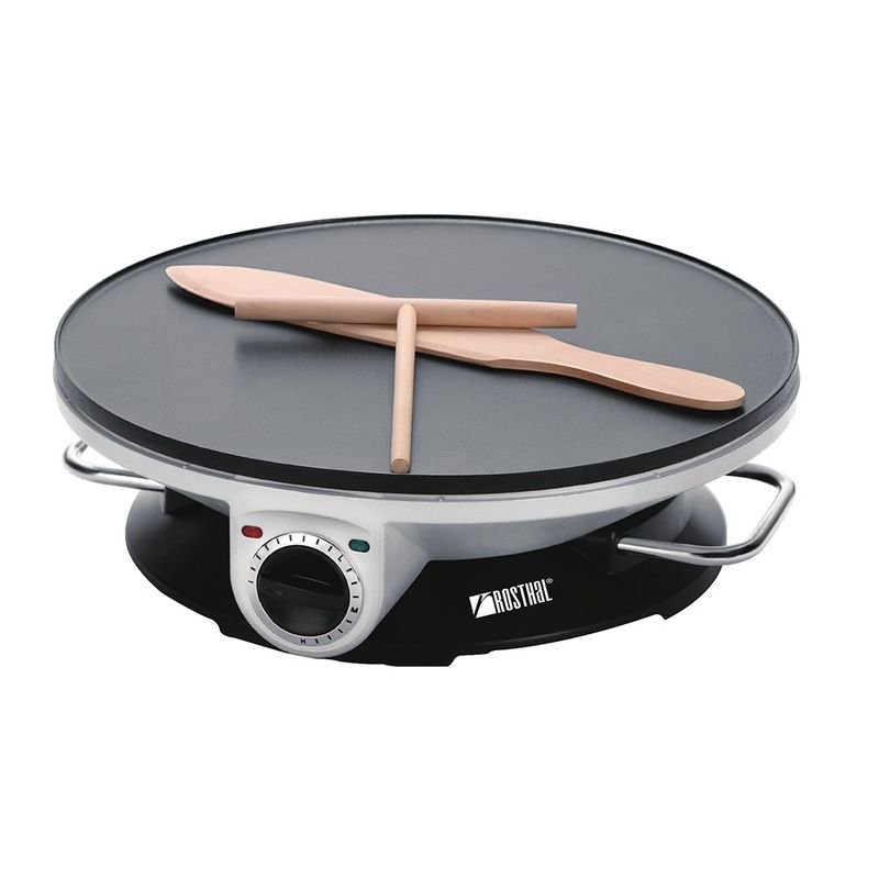 Crepera eléctrica Rosthal negra y plateada con placa circular, control de temperatura, esparcidor y espátula de madera