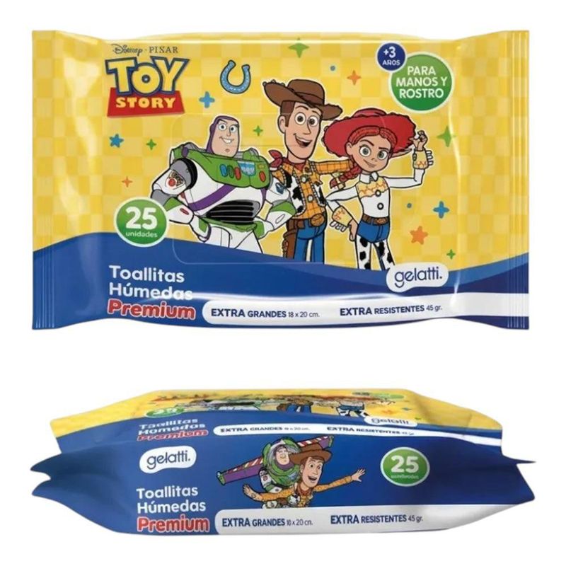 Paquete de 25 toallitas húmedas Toy Story extra grandes para manos y rostro.
