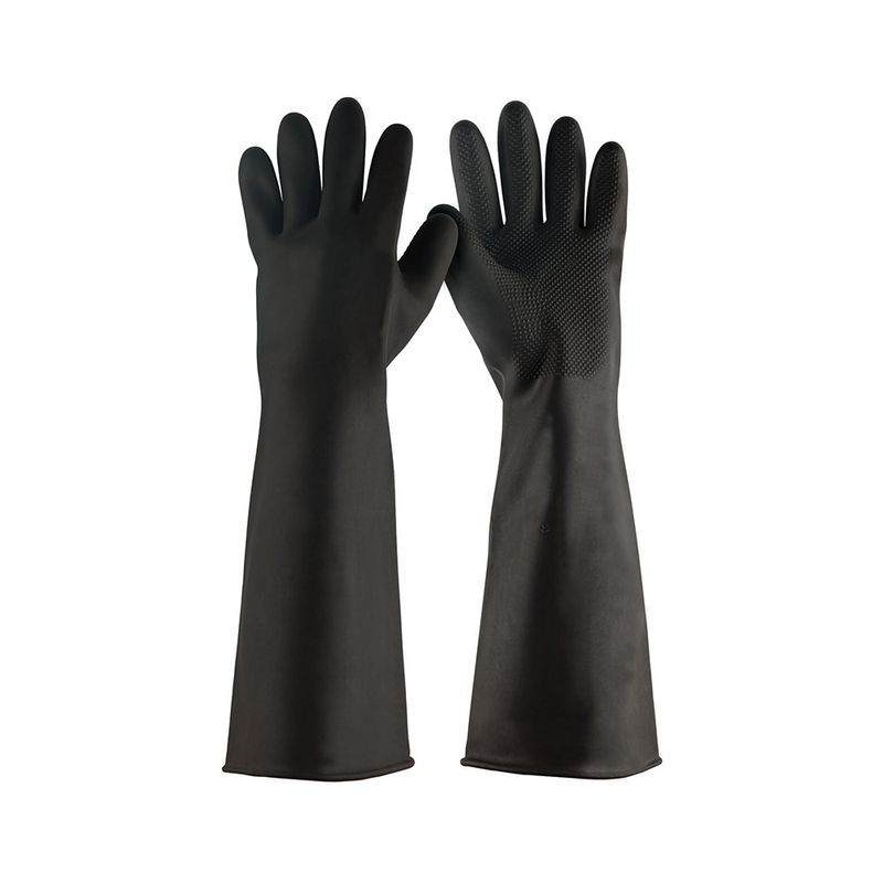 Par de guantes industriales para limpieza de látex negro talla L con superficie texturizada y puños largos