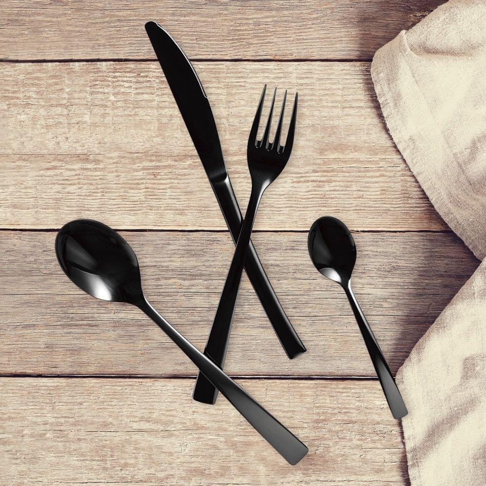 Juego de 16 cubiertos negros de acero inoxidable para cocina, hogar,  restaurante, tenedor y cucharada resistente, vajilla pulida con espejo
