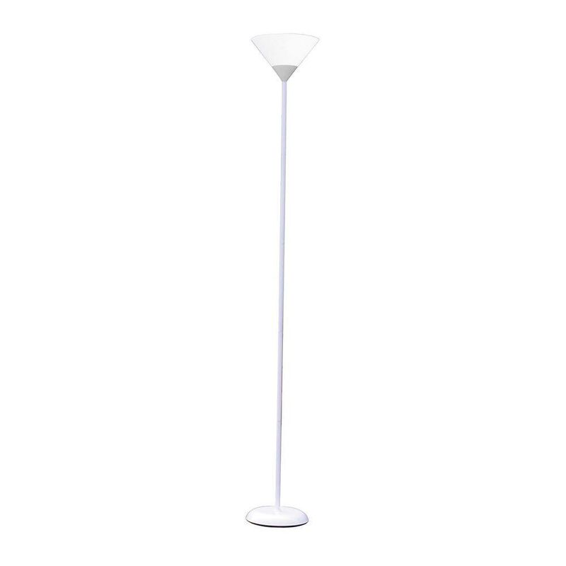 Lámpara de pie color blanco con base circular, estructura delgada y pantalla superior tipo copa orientada hacia arriba