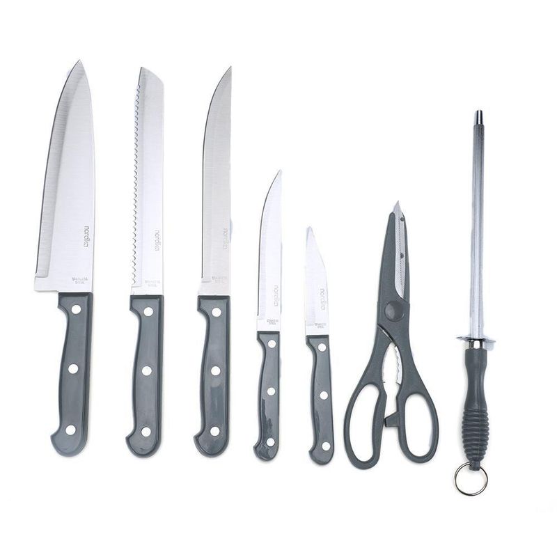 Set De 5 Cuchillos, Tijera, Afilador Y Base Mango Gris  - Nordika