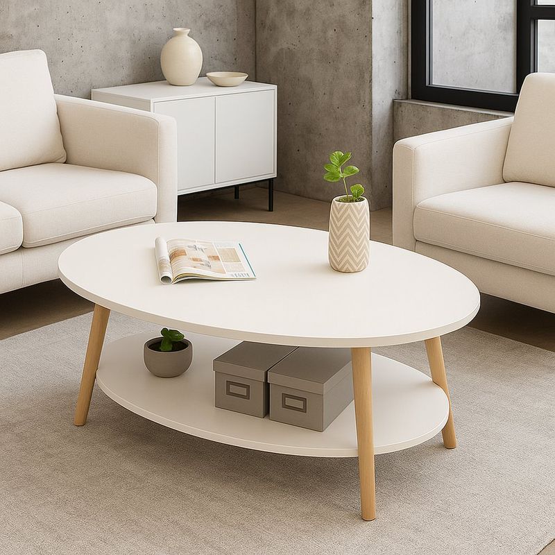 Mesa de Centro Ovalada Blanca con Repisa Inferior