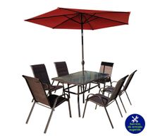 Set de Jardín con Mesa de Vidrio y Sombrilla Roja para 6 Personas