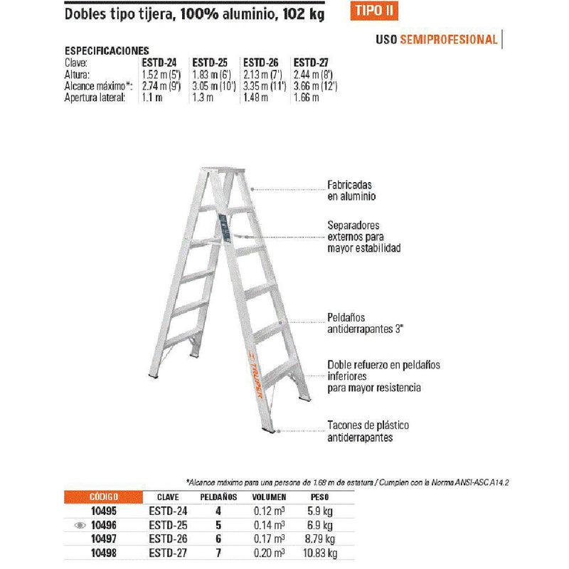 Escalera de tijera doble, tipo ll, 6 escalones - Truper