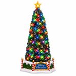 Árbol de Navidad con luces multicolores y estrella dorada en la punta sobre una base nevada con postes de bastón de caramelo y letrero Merry Christmas, sobre fondo azul