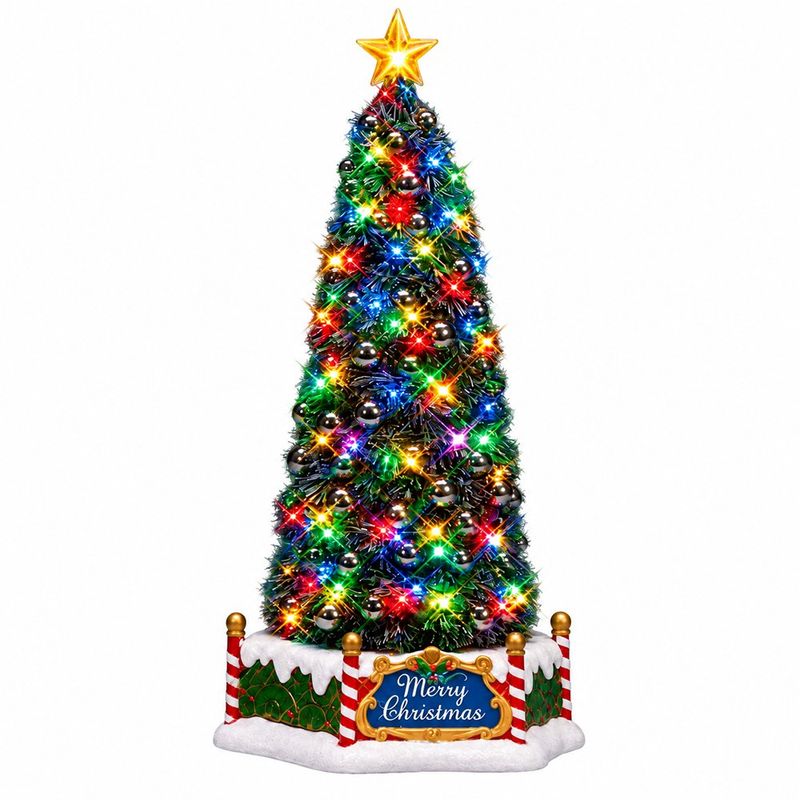 Árbol de Navidad con luces multicolores y estrella dorada en la punta sobre una base nevada con postes de bastón de caramelo y letrero Merry Christmas, sobre fondo azul