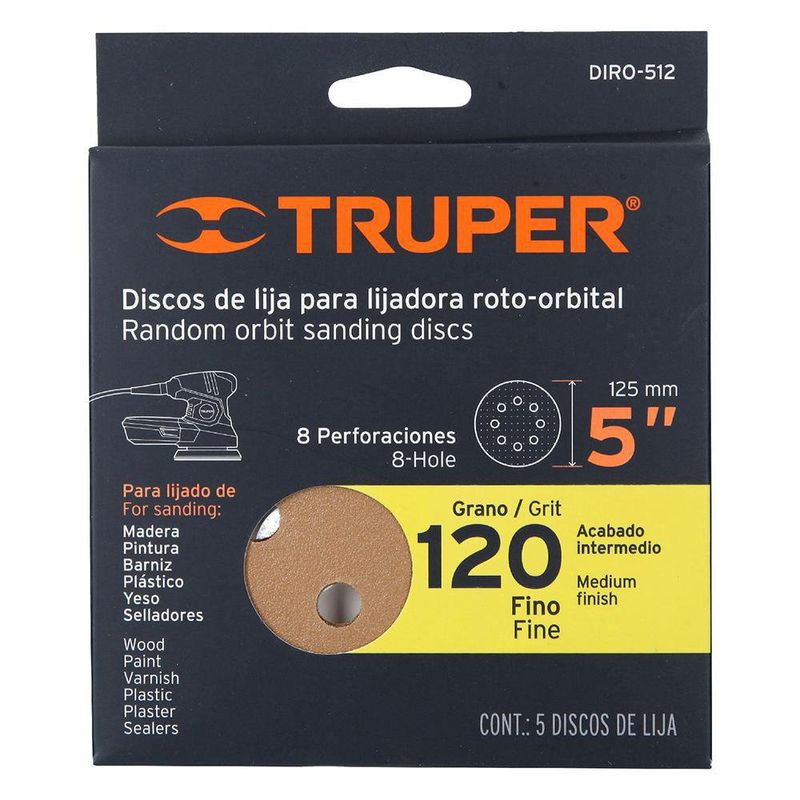 Set De Discos De Lija Roto-Orbital Grano 120 5 Unidades - Truper
