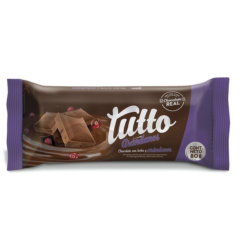 Barra De Chocolate Con Leche Y Arándanos 80 G - Tutto