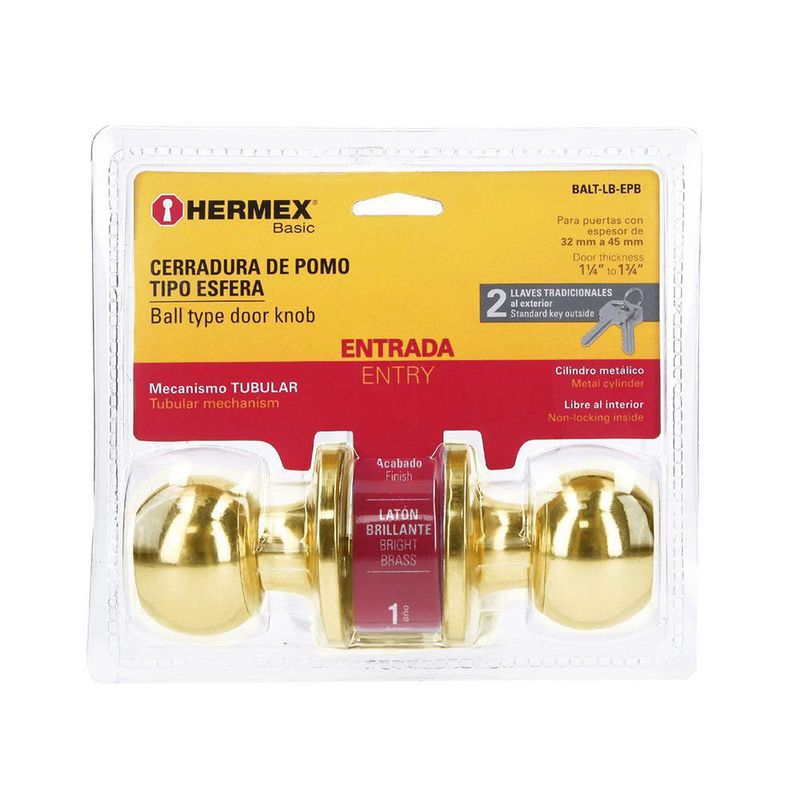 Cerradura Esfera Tubular Para Entrada Latón Brillante - Hermex Basic