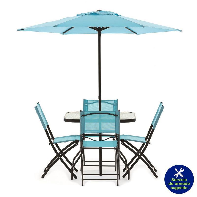 Set De Mesa Para Exterior + 4 Sillas Con Sombrilla Azul - Z