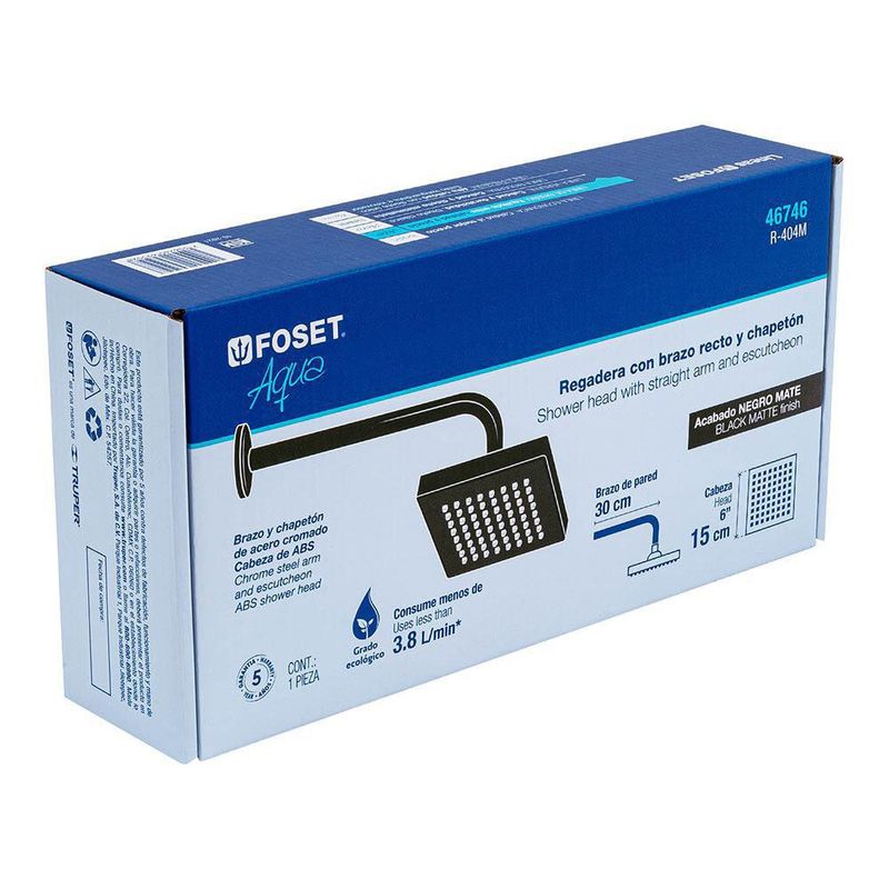 Regadera Cuadrada ABS 6 Plg Negro Mate con Brazo - Foset