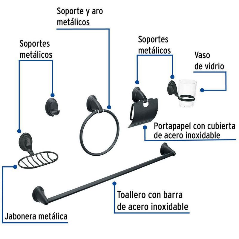 Set de 6 Accesorios para Baño Acero Inoxidable Negro Mate - Foset