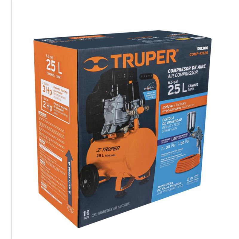 Kit Compresor Horizontal De 25 Litros 3 Hp - Truper - Cemaco